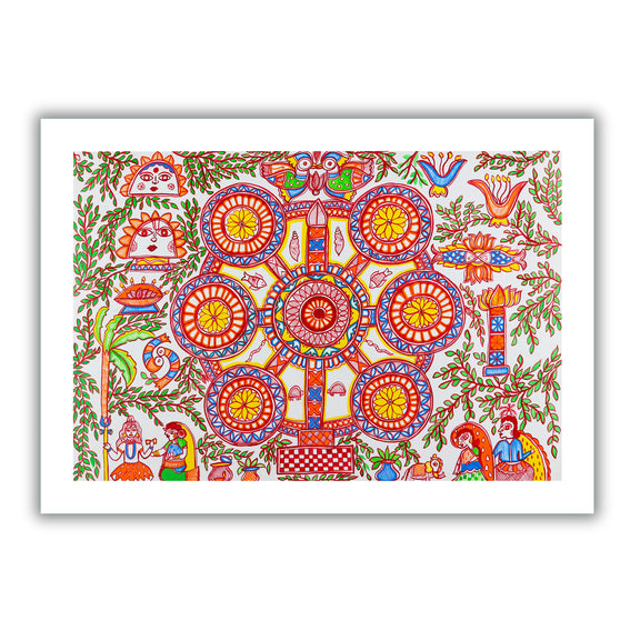 Framed artwork of a colorful kobhar-with handmade madhubani painting 