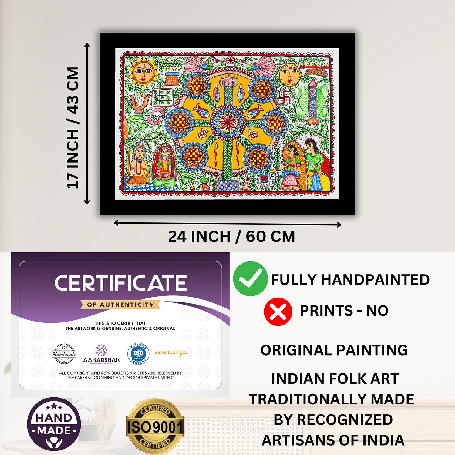 Framed artwork with dimensions, authenticity certificate and handmade iso certified-kobhar madhubani painting