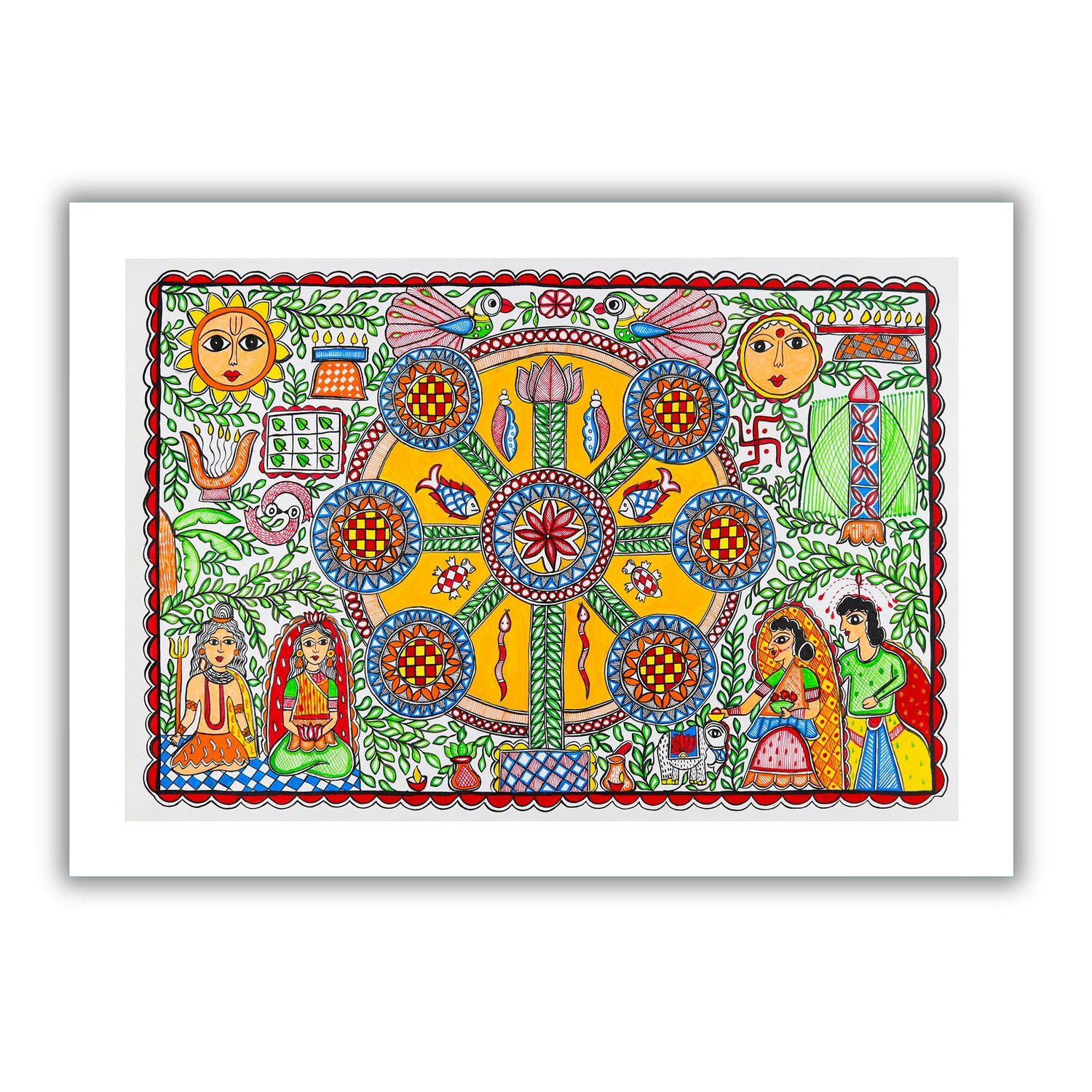 Framed artwork of a colorful kobhar-with handmade madhubani painting 