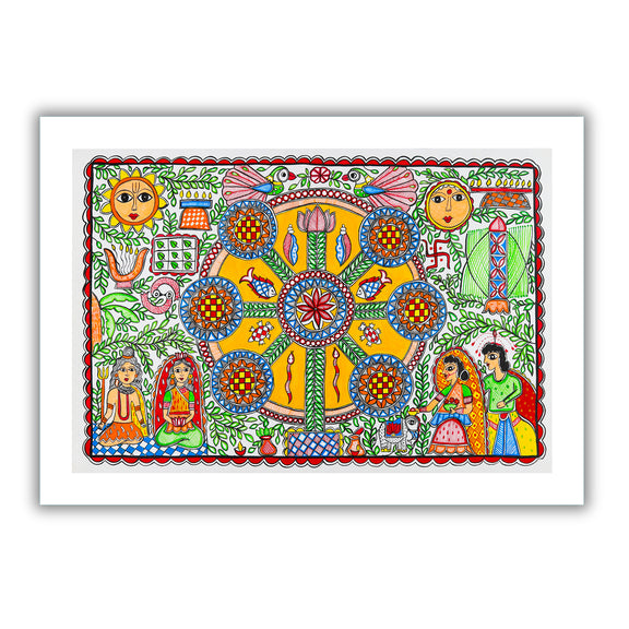 Framed artwork of a colorful kobhar-with handmade madhubani painting 