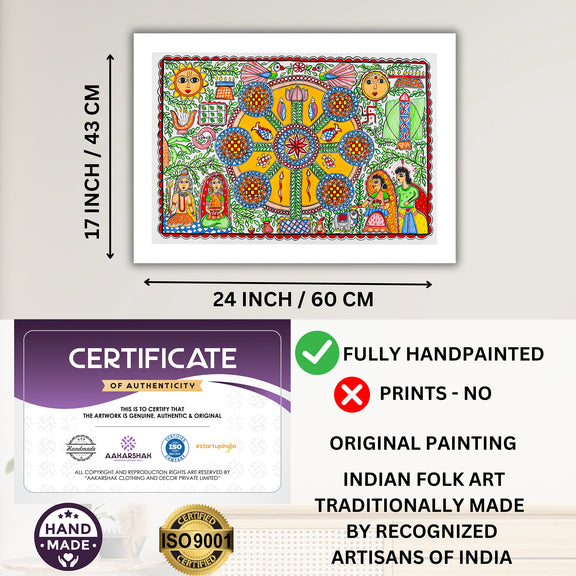 Framed artwork with dimensions, authenticity certificate and handmade iso certified-kobhar madhubani painting