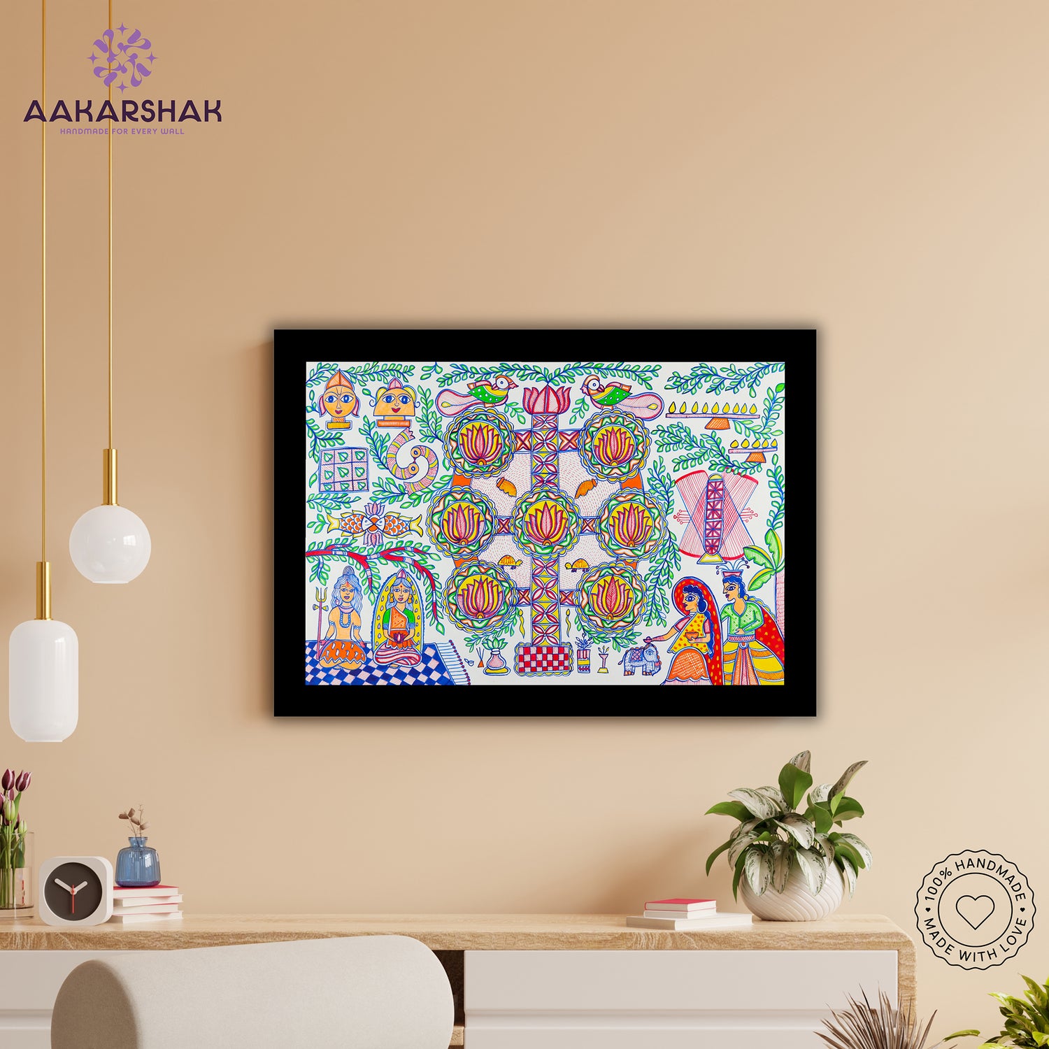 Framed artwork with kobhar design -handmade madhubani painting for home decor