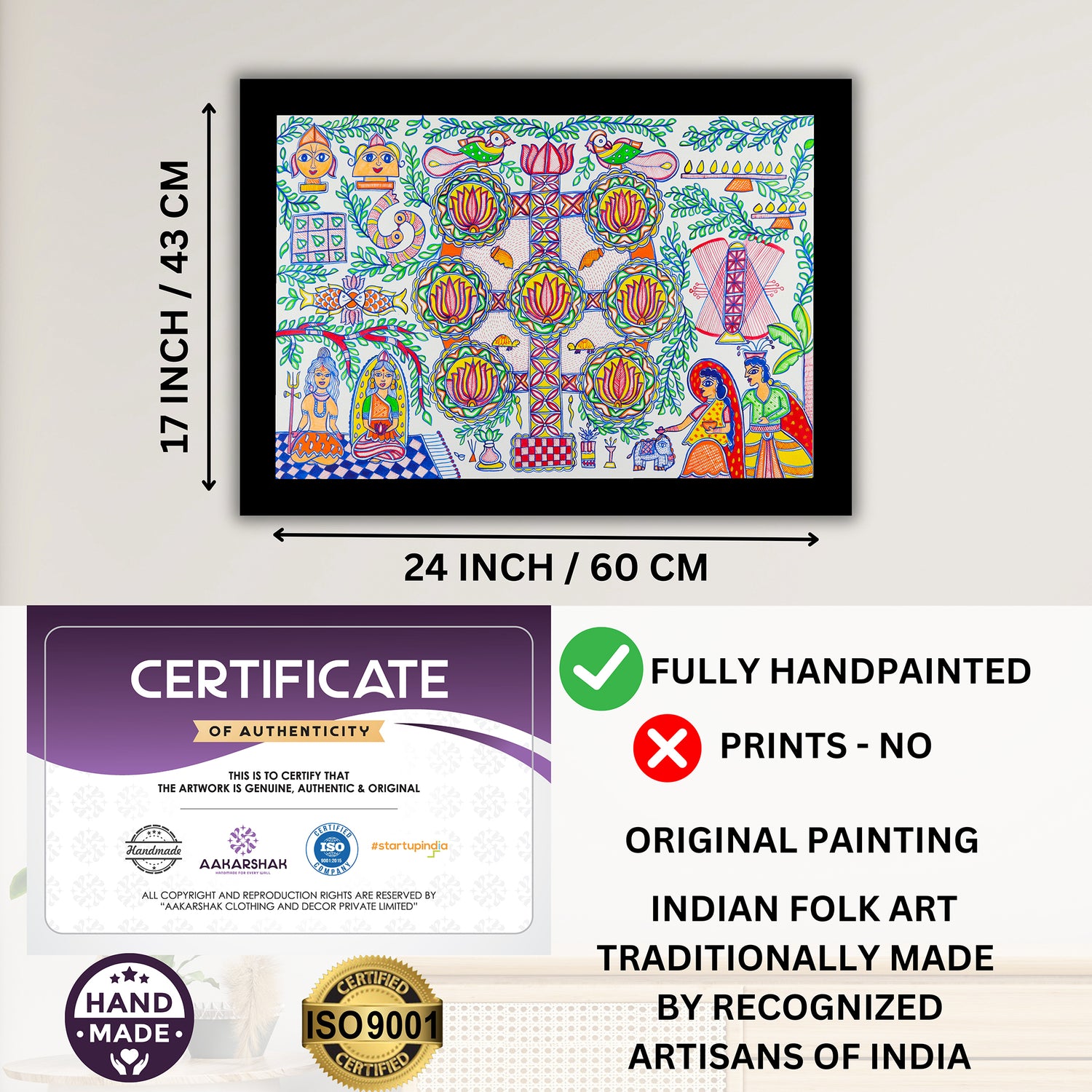 Framed artwork with dimensions, authenticity certificate and handmade iso certified-kobhar madhubani painting