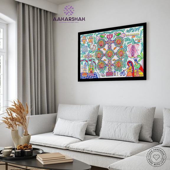 vibrant handmade kobhar painting-depicting indian folk traditions