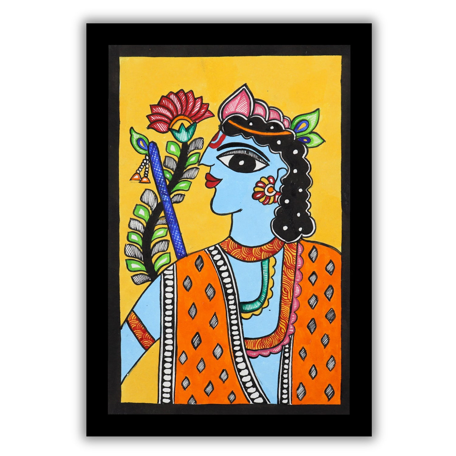 handmade madhubani painting painting krishna-in vibrant traditional folk art style