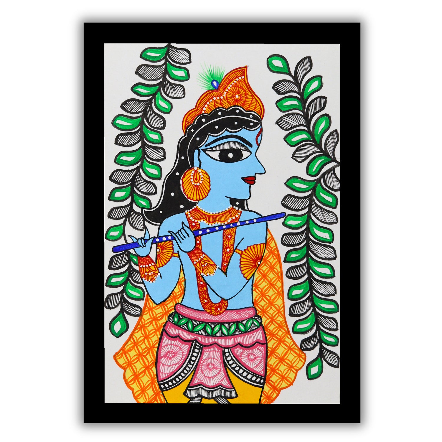 handmade madhubani painting painting krishna-in vibrant traditional folk art style