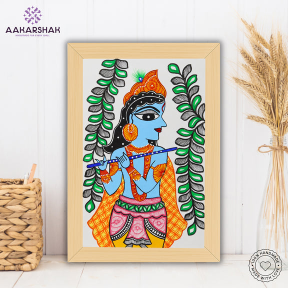 handmade madhubani painting krishna painting-with tabletop stand for home decor
