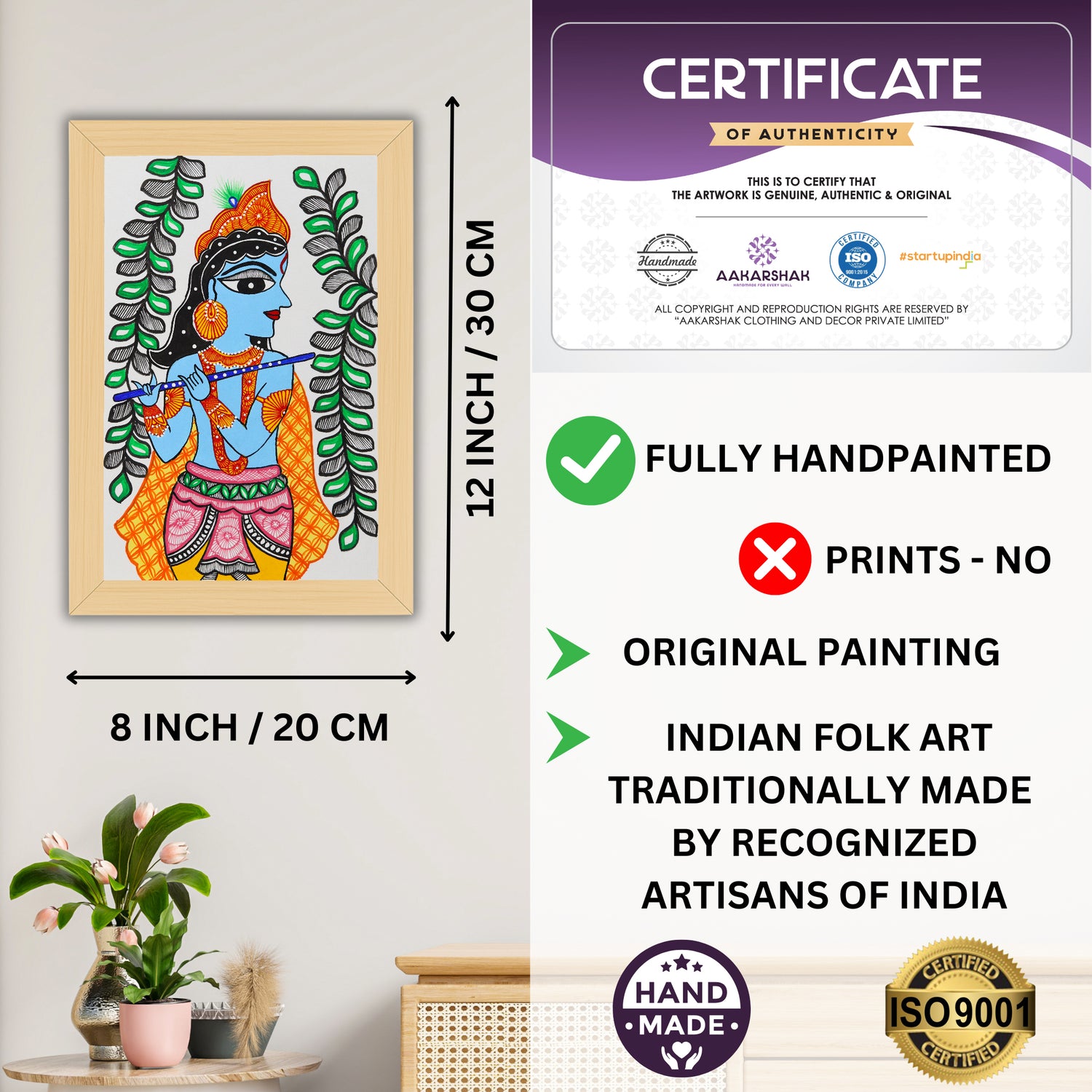 Decorative handmade art with dimensions and authenticity certificate -iso certified krishna madhubani 