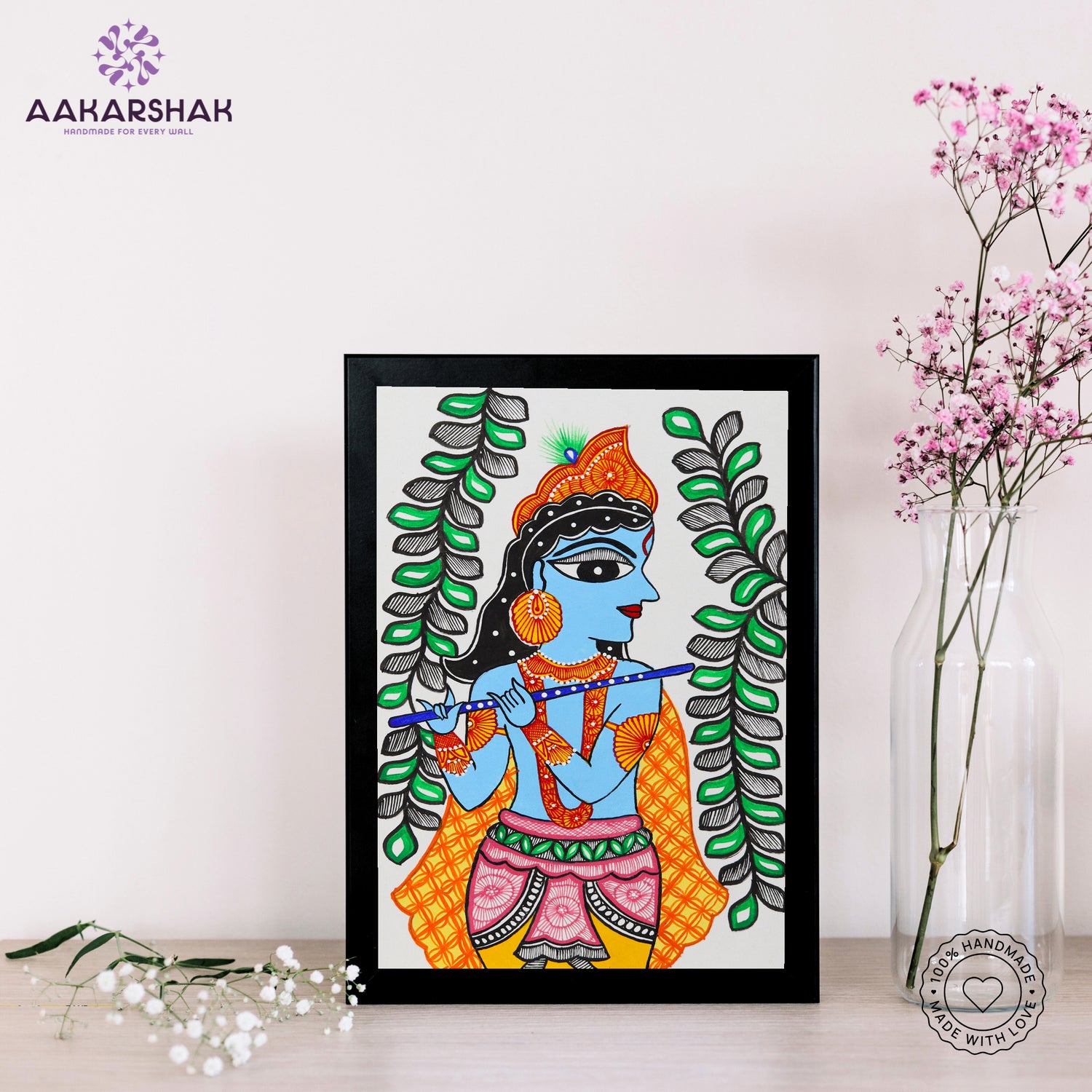 handmade madhubani painting krishna painting-with tabletop stand for home decor