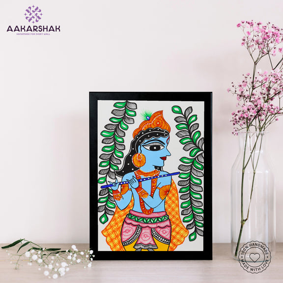 handmade madhubani painting krishna painting-with tabletop stand for home decor