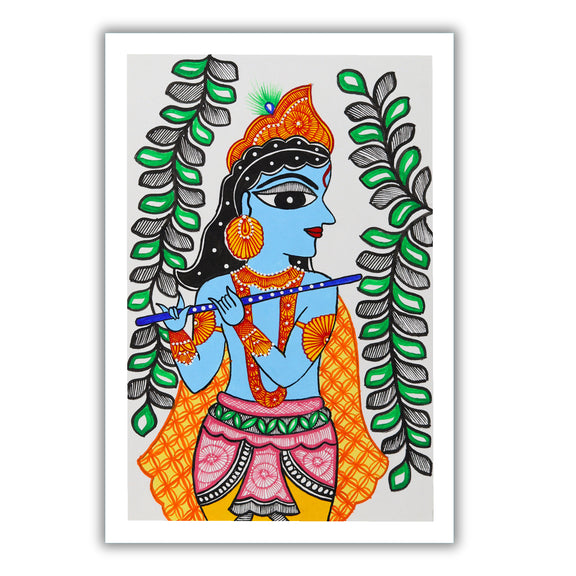 handmade madhubani painting painting krishna-in vibrant traditional folk art style