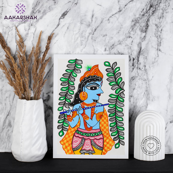 handmade madhubani painting krishna painting-with tabletop stand for home decor