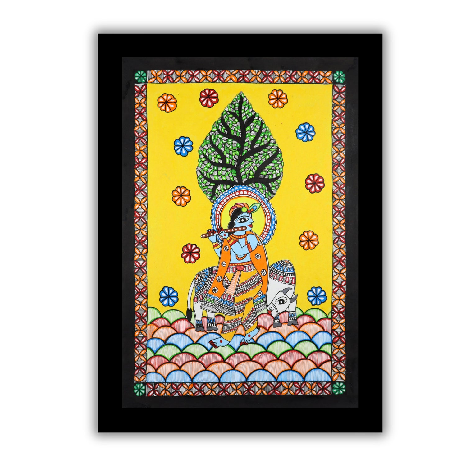 Handmade Madhubani painting with krishna design, framed and ready to hang – Indian folk art on wall
