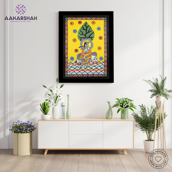 Side view of framed Madhubani artwork with acrylic glass and wooden frame
