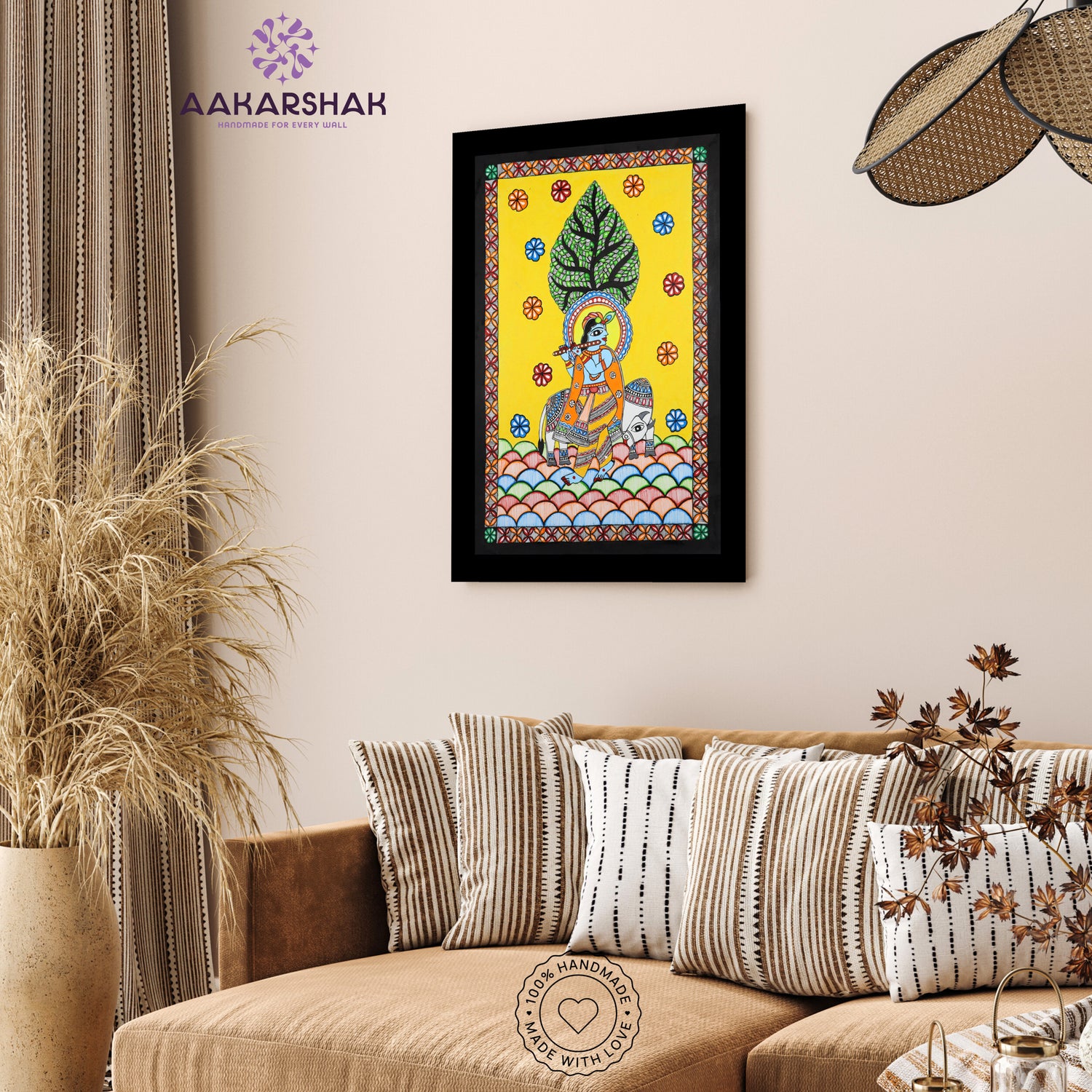 Traditional Indian wall painting displayed in modern home interior setting
