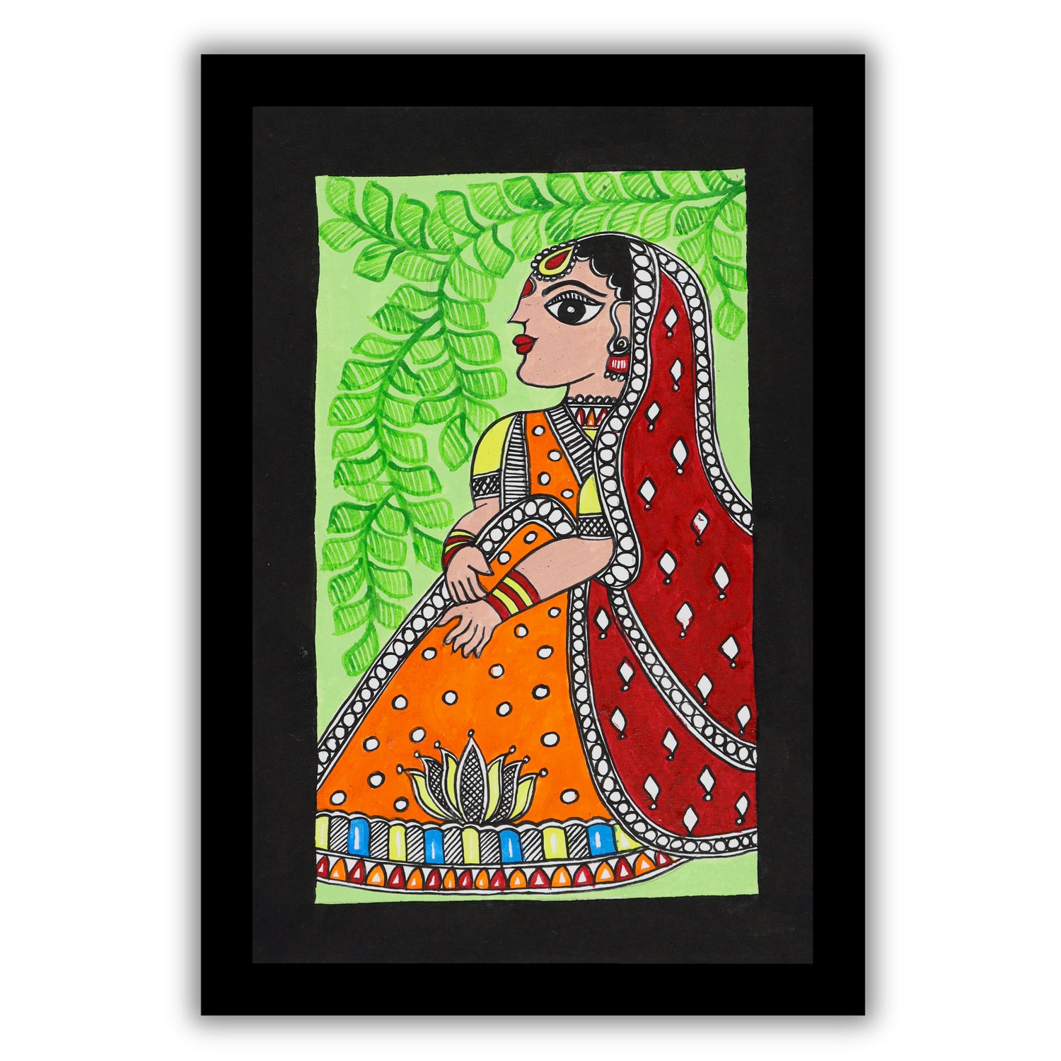 handmade madhubani painting painting lady-in vibrant traditional folk art style
