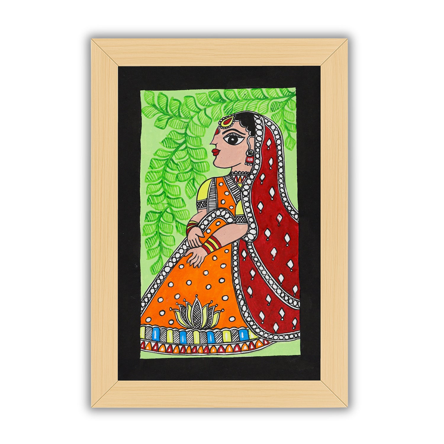 handmade madhubani painting painting lady-in vibrant traditional folk art style