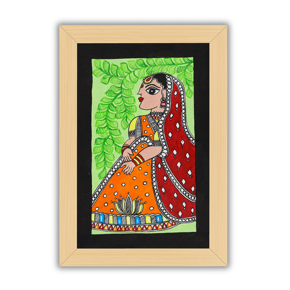handmade madhubani painting painting lady-in vibrant traditional folk art style