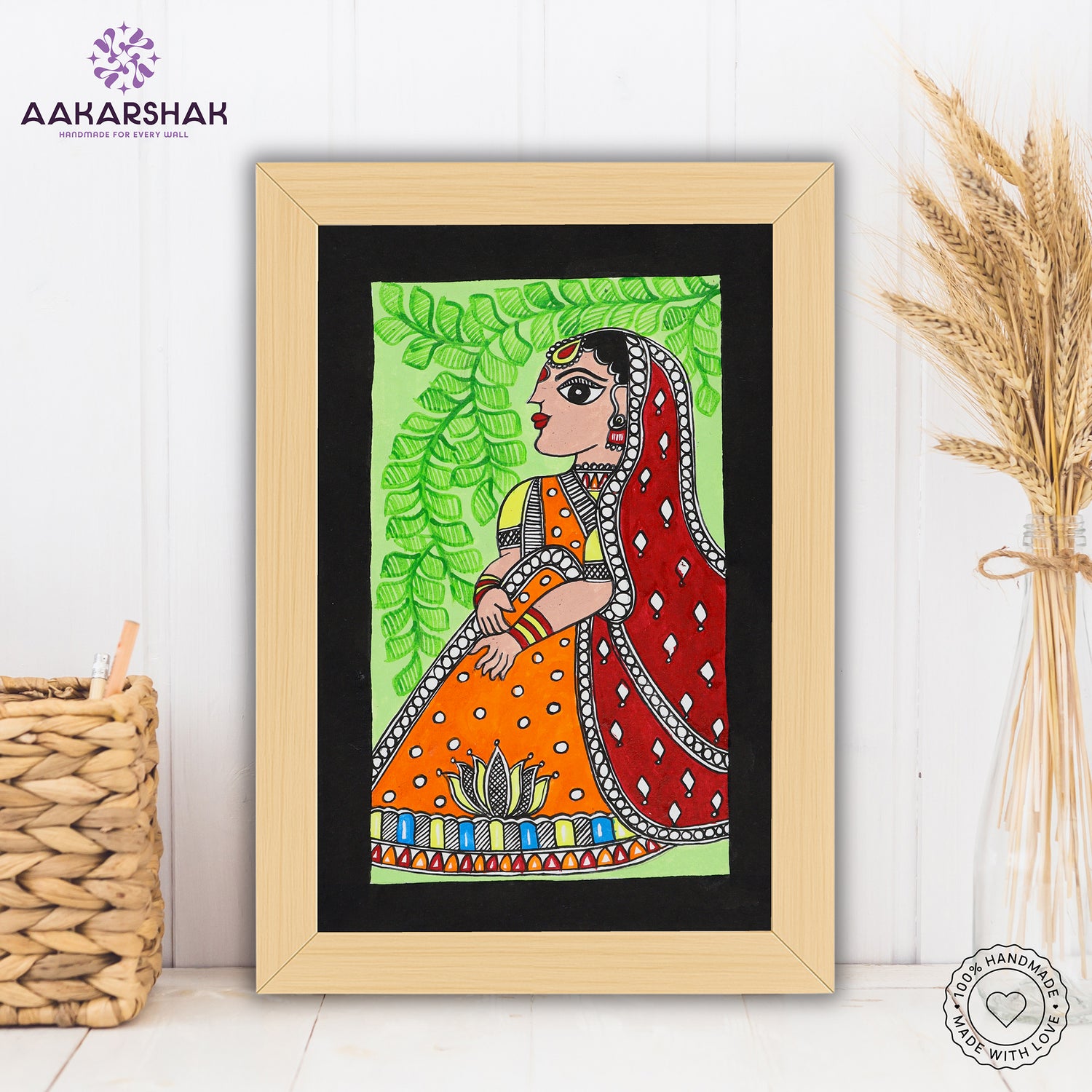 handmade madhubani painting bamboo painting-with tabletop stand for home decor
