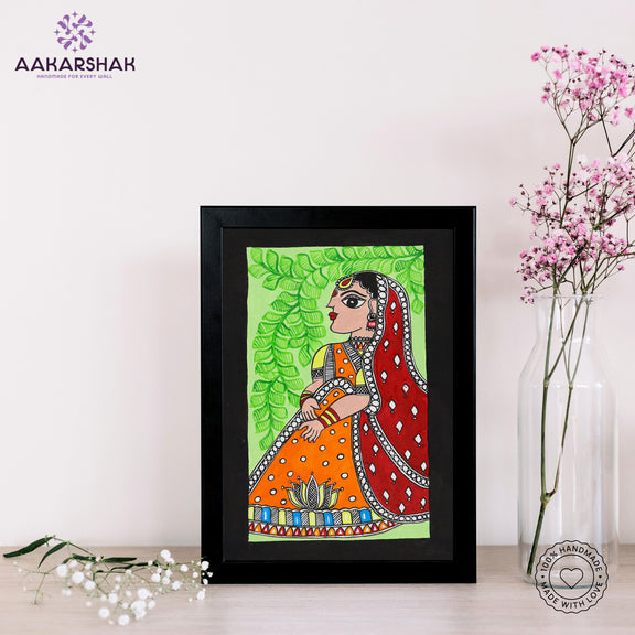 handmade madhubani painting lady painting-with tabletop stand for home decor   
