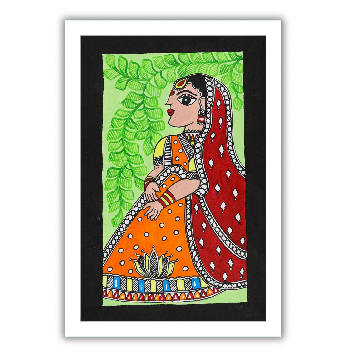 handmade madhubani painting painting lady-in vibrant traditional folk art style
