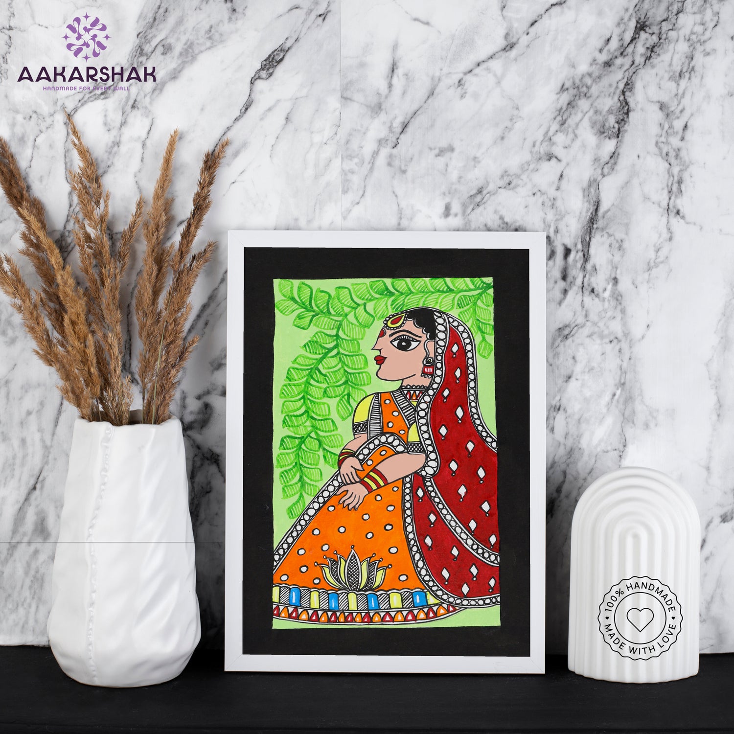 handmade madhubani painting lady painting-with tabletop stand for home decor   
