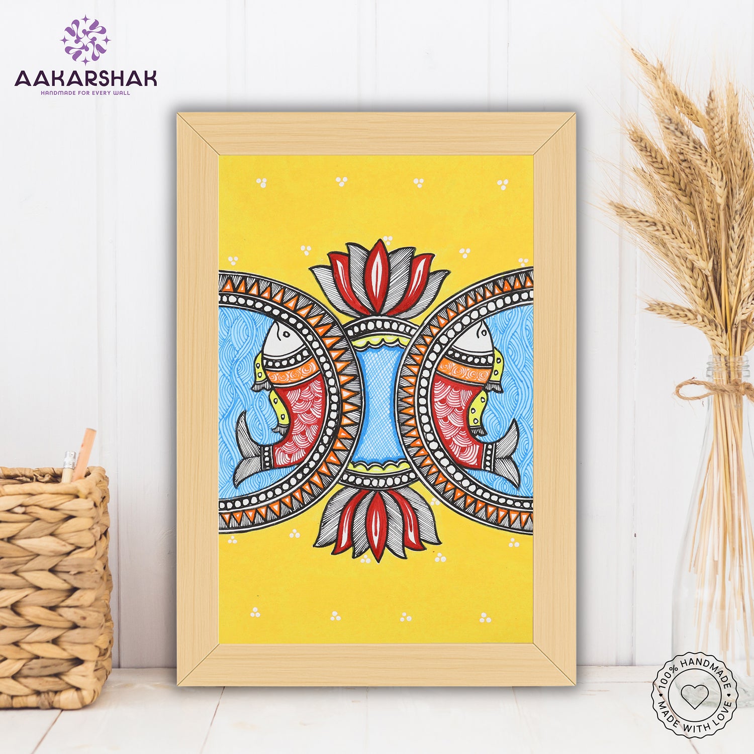 handmade madhubani painting fish painting-with tabletop stand for home decor