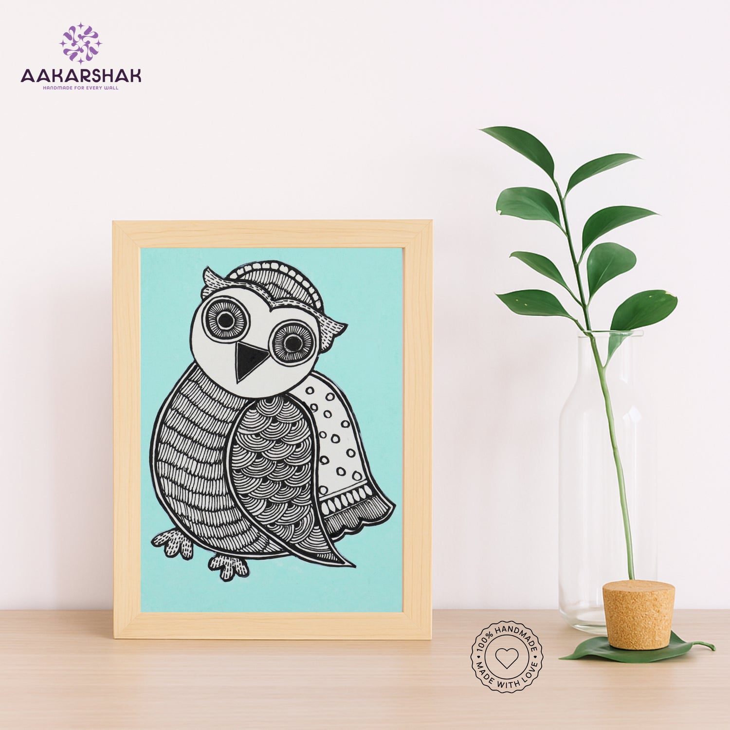Handmade Madhubani owl painting-with tabletop stand for home decor
