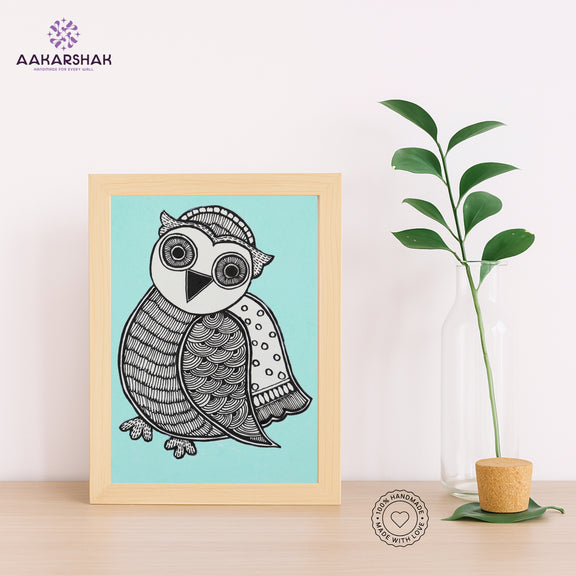 Handmade Madhubani owl painting-with tabletop stand for home decor
