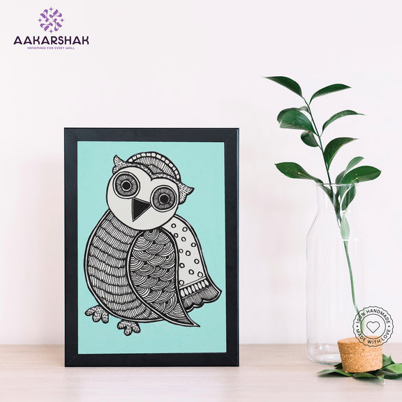 Handmade Madhubani owl painting-with tabletop stand for home decor
