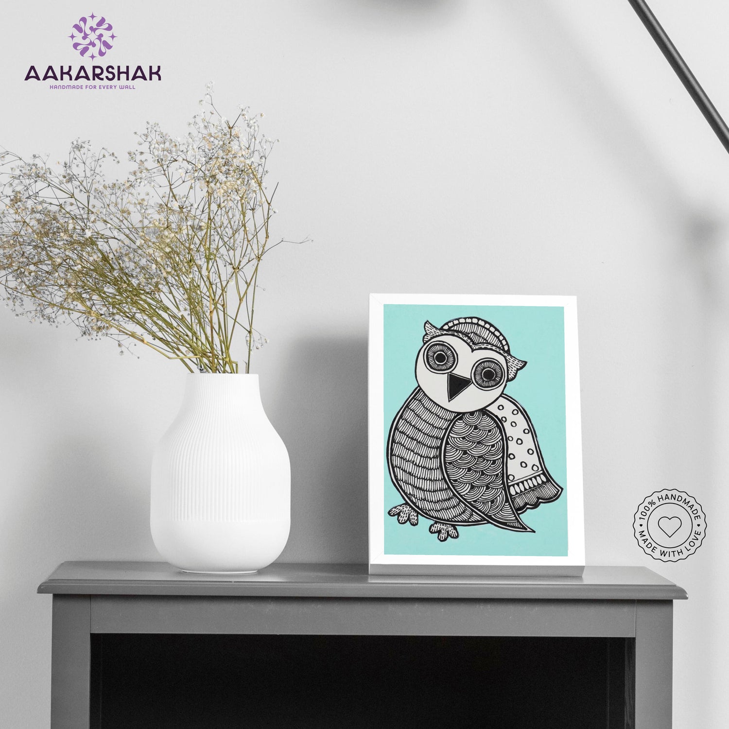 Handmade Madhubani owl painting-with tabletop stand for home decor
