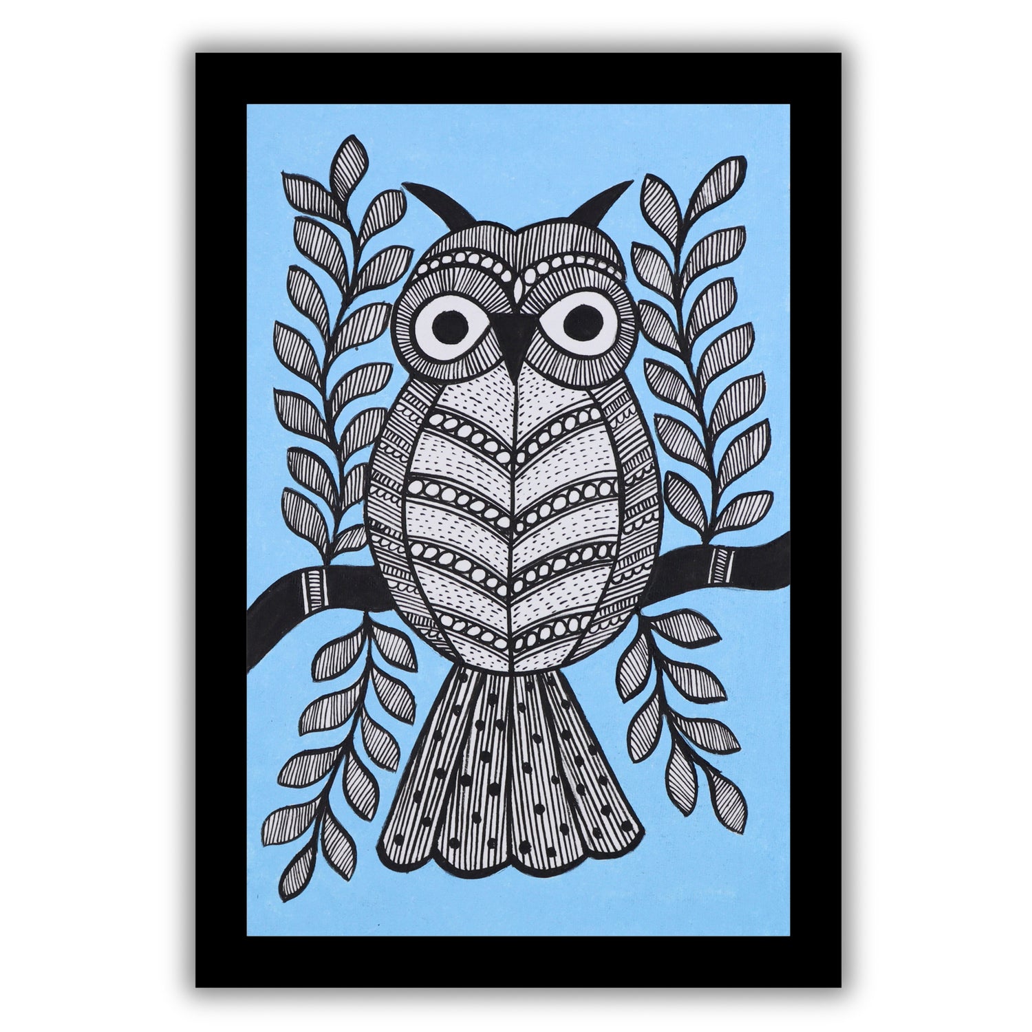 handmade madhubani painting painting owl-in vibrant traditional folk art style