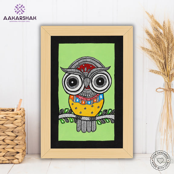 handmade madhubani painting owl painting-with tabletop stand for home decor