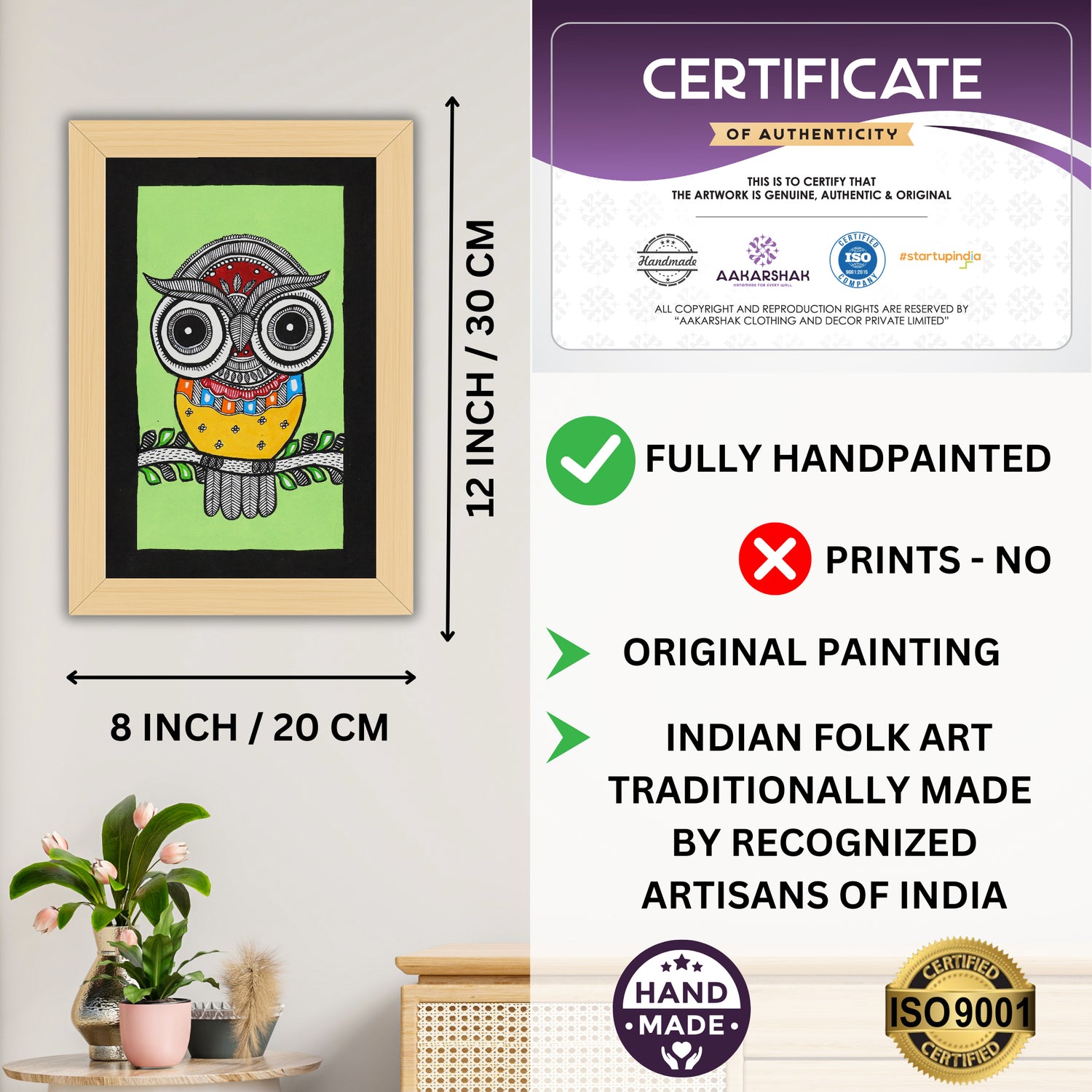 handmade iso certified-owl madhubani painting