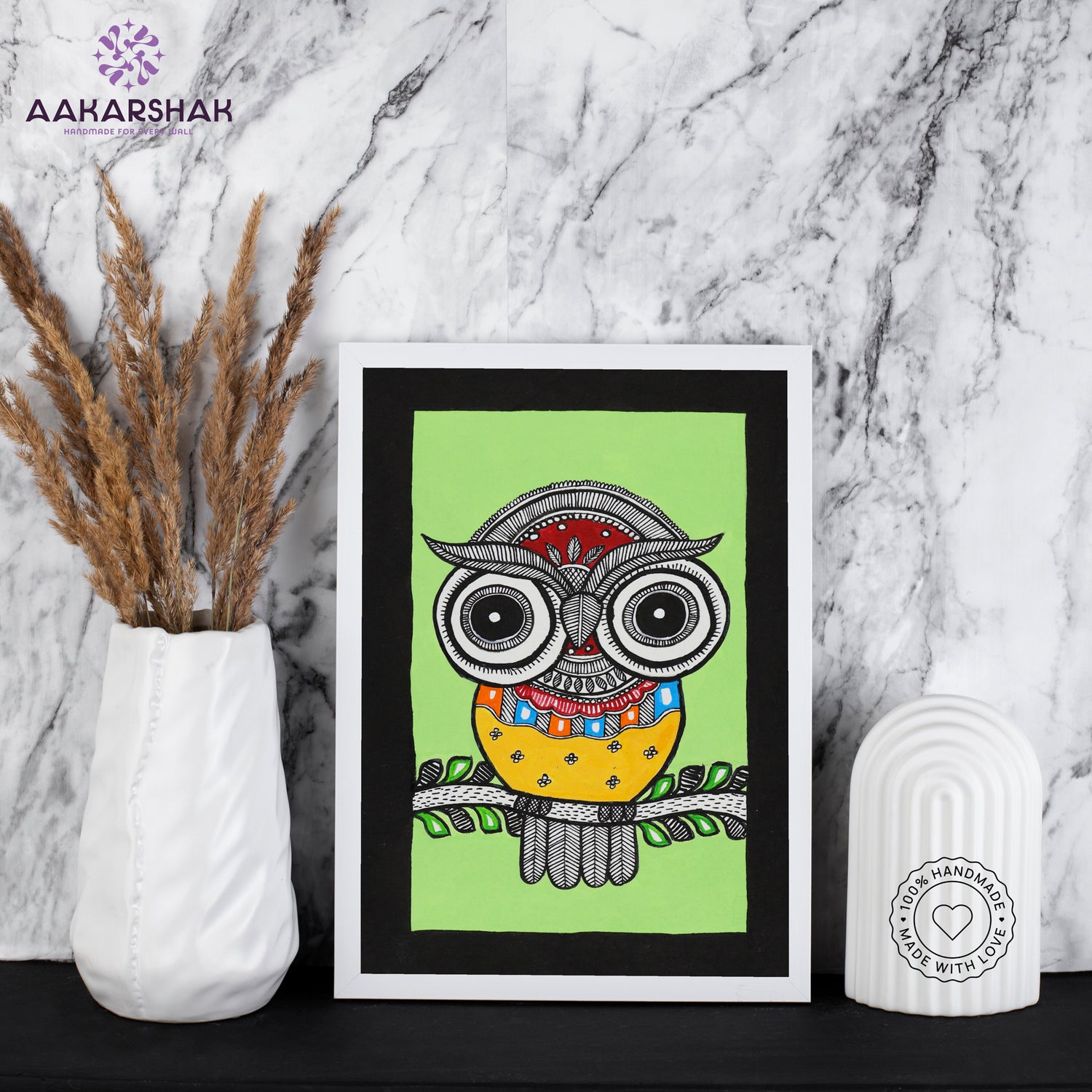 handmade madhubani painting owl painting-with tabletop stand for home decor