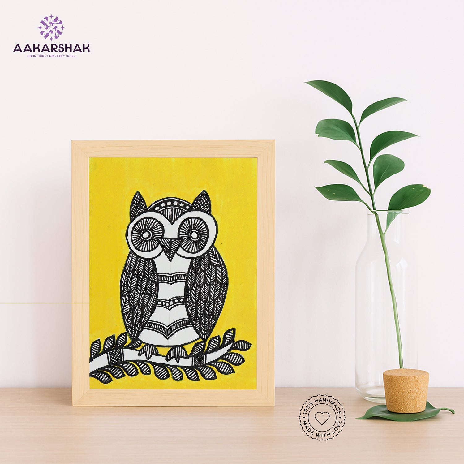 Handmade Madhubani owl painting-with tabletop stand for home decor
