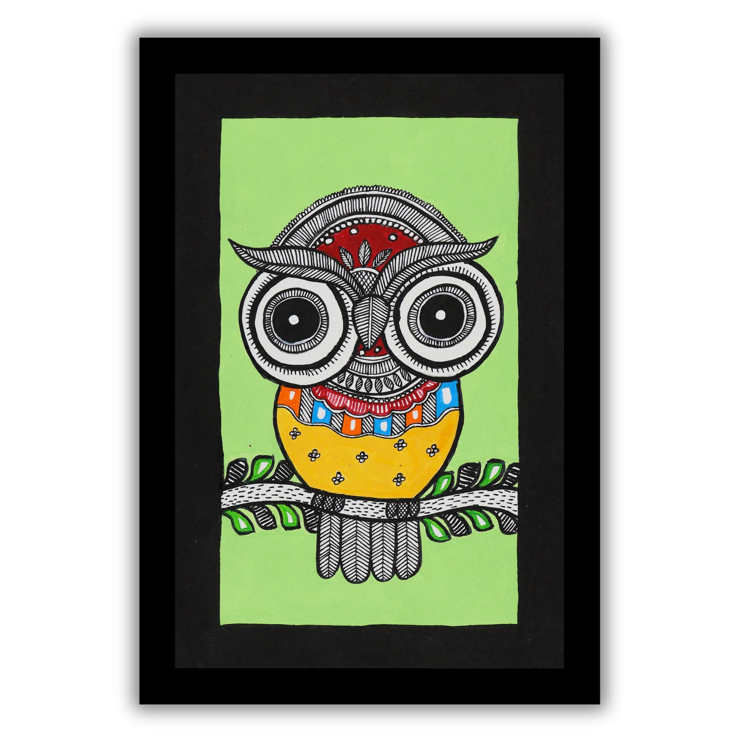 handmade madhubani painting painting owl-in vibrant traditional folk art style