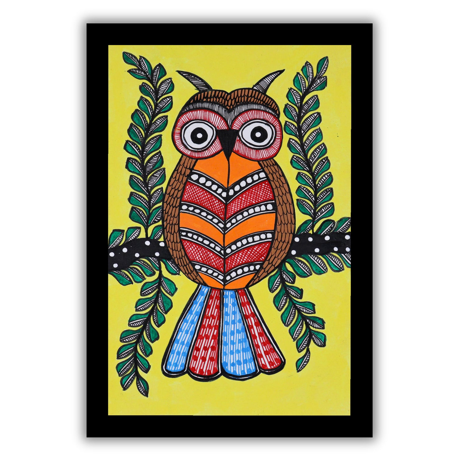 handmade madhubani painting painting owl-in vibrant traditional folk art style