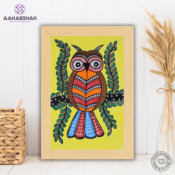 handmade madhubani painting owl painting-with tabletop stand for home decor
