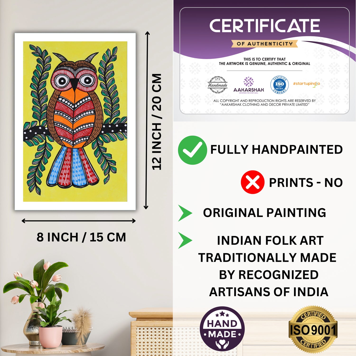 handmade iso certified-owl madhubani painting
