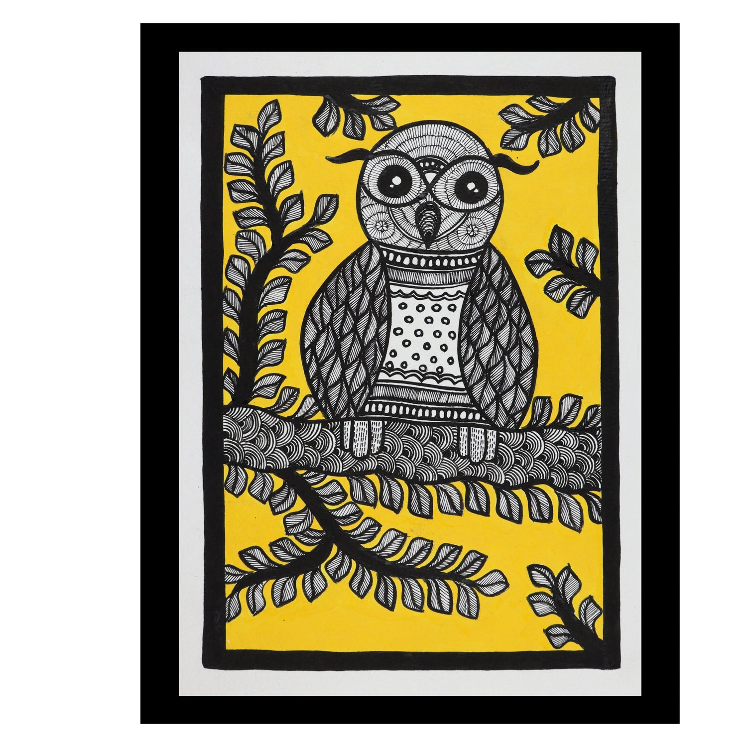 Framed artwork of a colorful owl -with handmade madhubani painting 