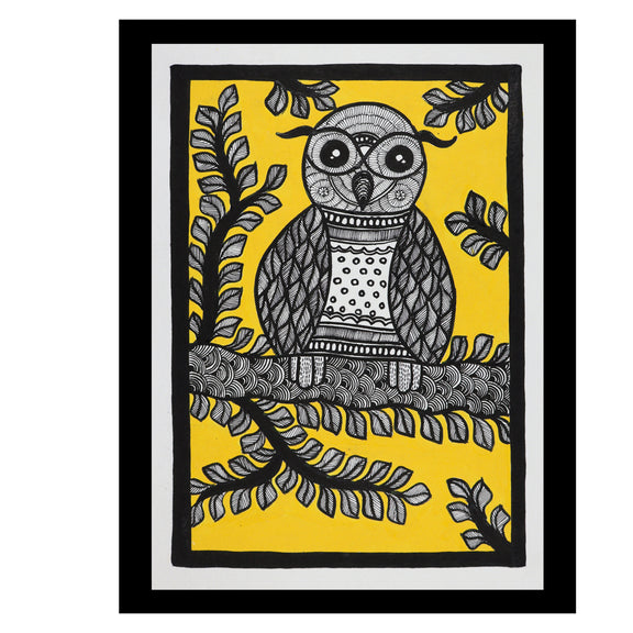 Framed artwork of a colorful owl -with handmade madhubani painting 