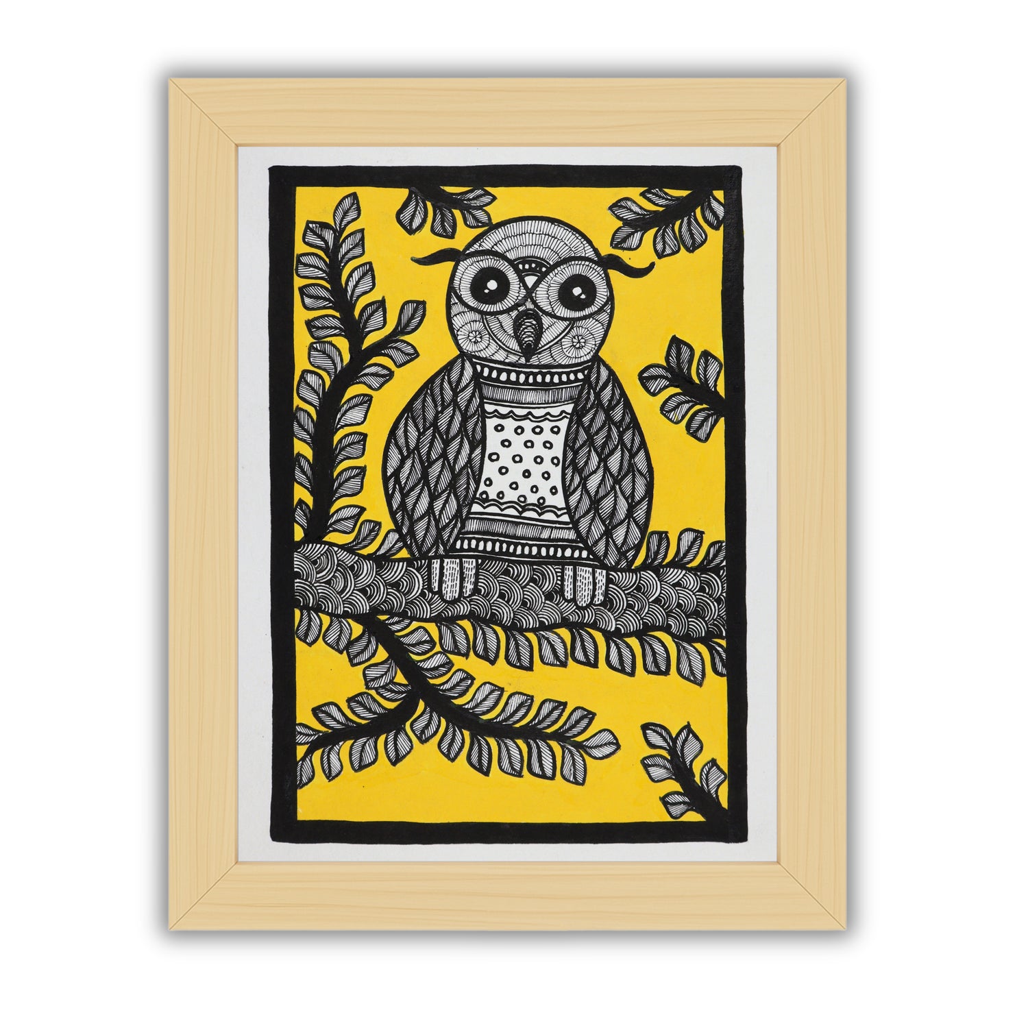 Framed artwork of a colorful owl -with handmade madhubani painting