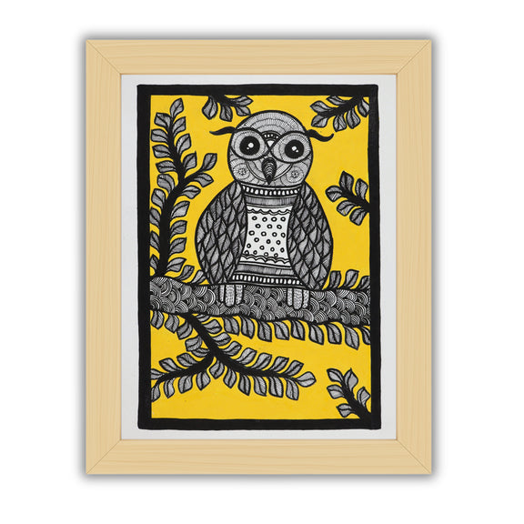 Framed artwork of a colorful owl -with handmade madhubani painting
