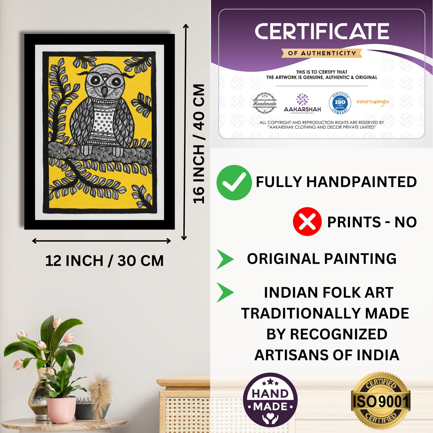 Framed artwork with dimensions, authenticity certificate and handmade iso certified-owl madhubani painting