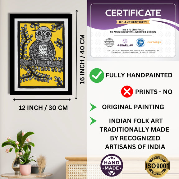 Framed artwork with dimensions, authenticity certificate and handmade iso certified-owl madhubani painting
