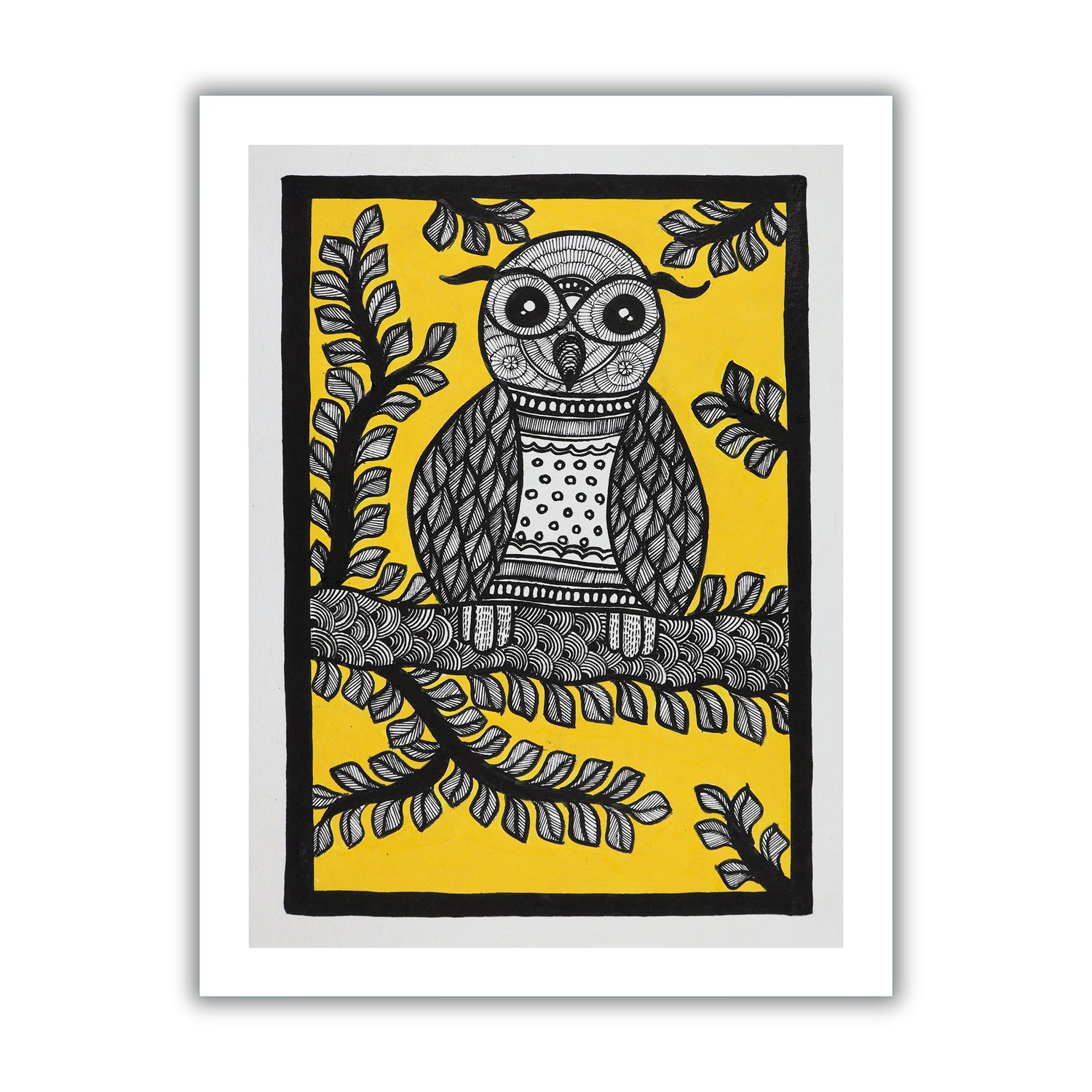 Framed artwork of a colorful owl -with handmade madhubani painting