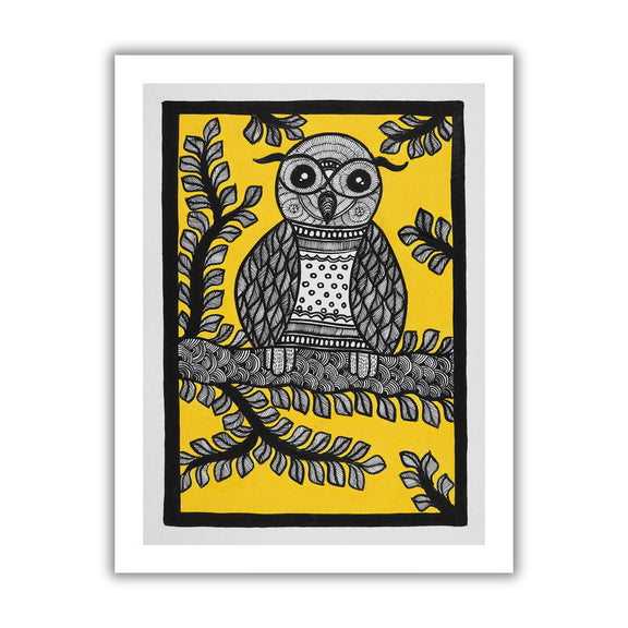 Framed artwork of a colorful owl -with handmade madhubani painting