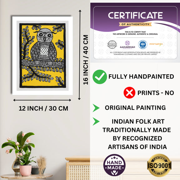 Framed artwork with dimensions, authenticity certificate and handmade iso certified-owl madhubani painting