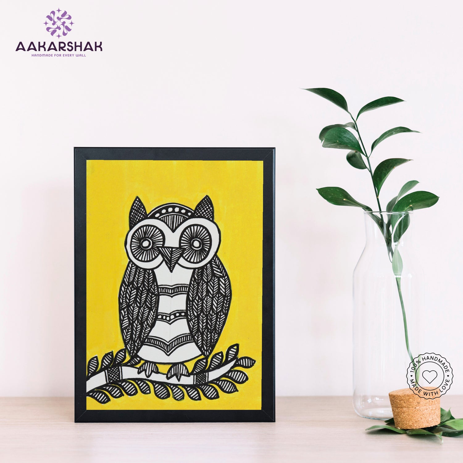Handmade Madhubani owl painting-with tabletop stand for home decor
